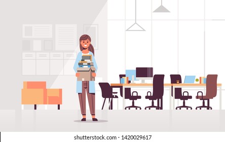 businesswoman office worker holding box with stuff things new job business concept creative co-working center modern workplace office interior flat full length horizontal