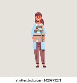 businesswoman office worker holding box with stuff things new job business concept flat full length