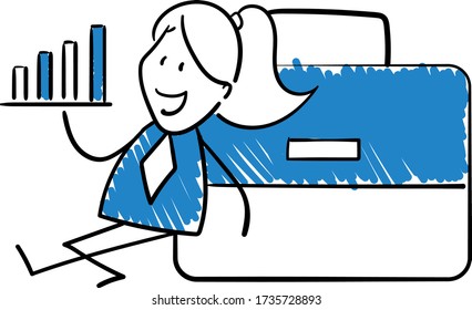 Businesswoman - Office worker manager holding bar chart and briefcase.
Girl hand drawn doodle line art cartoon design character - isolated vector illustration outline of woman.