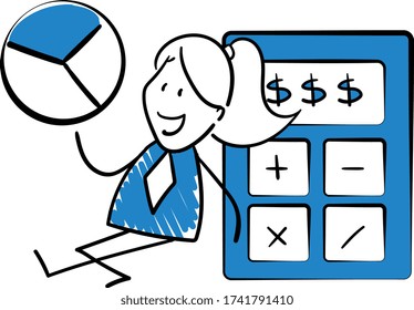 Businesswoman - Office worker manager holds out  pie chart and sitting next to calculator.
Girl hand drawn doodle line art cartoon design character - isolated vector illustration outline of woman.