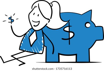 Businesswoman - Office worker manager and piggy bank.
Girl hand drawn doodle line art cartoon design character - isolated vector illustration outline of woman.