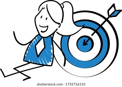 Businesswoman - Office worker manager sitting next to dart.
Girl hand drawn doodle line art cartoon design character - isolated vector illustration outline of woman.