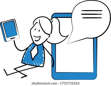 Businesswoman - Office worker manager sitting next to mobile phone message.
Girl hand drawn doodle line art cartoon design character - isolated vector illustration outline of woman.
