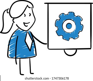 Businesswoman - Office worker manager with white board and gears,
Girl hand drawn doodle line art cartoon design character - isolated vector illustration outline of woman.