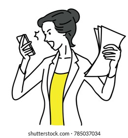 Businesswoman, office worker, shocked and surprised with smartphone, having problem and trouble. Outline, linear, thin line art, hand drawn sketch design, simple style.