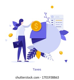 Businesswoman Or Office Worker Standing Beside Pie Chart And Holding Dollar Coin. Concept Of Taxpayer And Tax Burden, Taxation, Fiscal Policy, Budget Planning. Modern Flat Colorful Vector Illustration