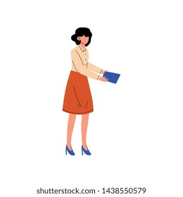 Businesswoman or Office Worker Standing with Paper Document, Professional Young Woman Working in Office Vector Illustration