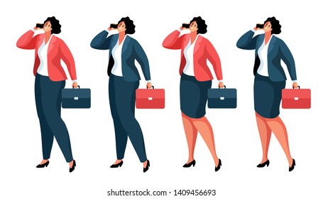 Businesswoman or office worker standing and speaking on the phone. Set of cartoon female characters with briefcases and smartphones, in full height. Vector illustration
