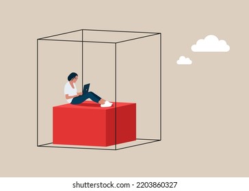 Businesswoman Or Office Worker, Working With Laptop Computer, Sitting Inside The Box, Presenting To Introvert Woman. Flat Vector Illustration.