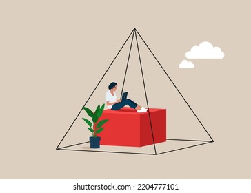 Businesswoman or office worker, working with laptop computer, sitting inside the pyramid, presenting to introvert woman. Flat vector illustration.