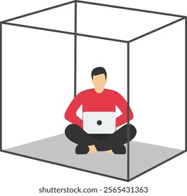 Businesswoman or office worker, working with laptop computer, sitting inside the box, presenting to introvert woman. Flat vector illustration.

