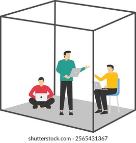 Businesswoman or office worker, working with laptop computer, sitting inside the box, presenting to introvert woman. Flat vector illustration.

