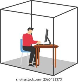 Businesswoman or office worker, working with laptop computer, sitting inside the box, presenting to introvert woman. Flat vector illustration.

