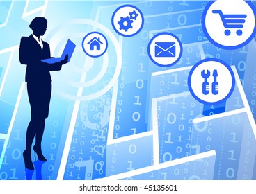 Businesswoman on Binary Code Maze Background  Original Vector Illustration