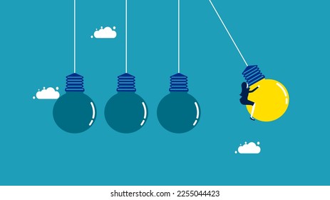 Businesswoman is on a bright light bulb. Learning concept. vector illustration