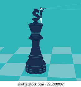 Businesswoman on a chess piece with money sign looking through a spyglass. Vector illustration. Created with adobe illustrator.