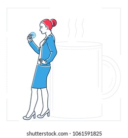 Businesswoman on a coffee break - line design style isolated illustration on white background. Metaphorical image of a woman eating a cookie, resting on a big cup, enjoying herself