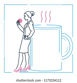 Businesswoman on a coffee break - line design style illustration on white background. Metaphorical linear image of a woman eating a cookie, resting on a big cup, enjoying herself. Lunch time concept