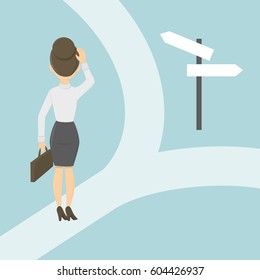 Businesswoman on the crossroads. Choosing the right way. Concept of changes, strategy and direction.