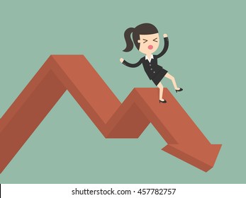 Businesswoman On Falling Down Chart. Business Concept Cartoon Illustration.
