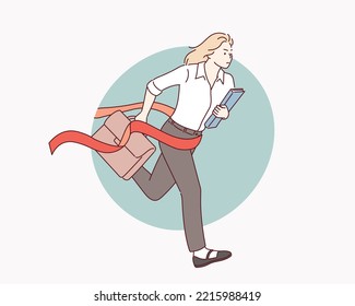 Businesswoman on the finishing line in competition concept. Hand drawn style vector design illustrations.