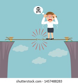 Businesswoman On Frayed Rope About To Break On The Cliff, Illustration Vector Cartoon