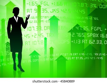 Businesswoman on Green Stock Market Background Original Vector Illustration