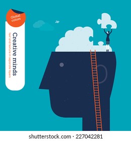 Businesswoman On Head With Brain Puzzle. Vector Illustration Eps10 File. Global Colors. Text And Texture In Separate Layers.