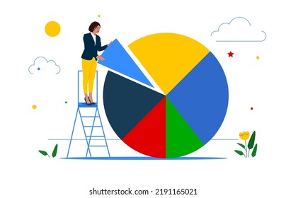 Businesswoman On Ladder Arrange Pie Chart As Rebalancing Investment Portfolio To Suitable For Risk And Return. Investment Asset Allocation And Rebalance.