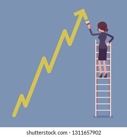 Businesswoman on ladder drawing positive dynamics climbing arrow. Successful female manager showing sale progress, optimistic right direction, business profit growth presentation. Vector illustration