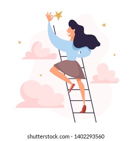 Businesswoman on the ladder grab the golden star from the sky. Idea of successful business and achievement. Isolated vector illustration in cartoon style