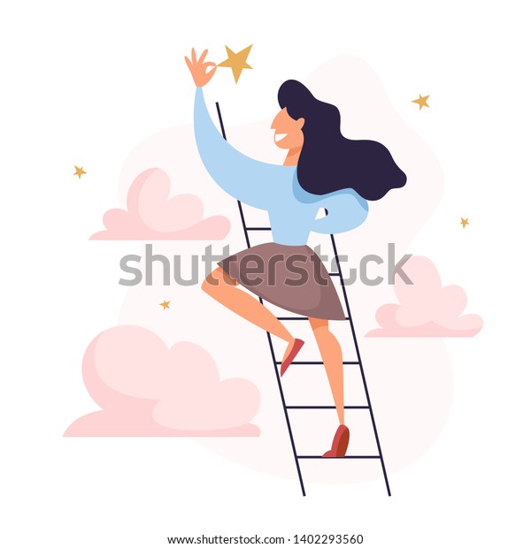 Businesswoman On Ladder Grab Golden Star Stock Vector (Royalty Free ...