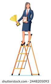 Mujer de negocios en la escalera sosteniendo el trofeo, mostrando el certificado de premio celebra la victoria. El éxito empresarial triunfa en el logro de objetivos. Ganadora de la competición. Ilustración vectorial plana