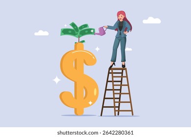 Empresária em uma Escada Regando uma Planta de Dinheiro em Crescimento com um Sinal de Dólar, Simbolizando Investimento Estratégico, Crescimento Financeiro e Cultivo de Riqueza.