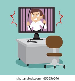 Businesswoman on laptop screen try to break prison, vector illustration cartoon