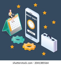 Businesswoman on laptop working night shift 3d isometric vector illustration concept for banner, website, landing page, ads, flyer