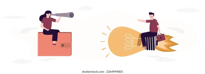 businesswoman on light bulb and investor on wallet flying towards each other. Business relationship, search for partner, investment or sponsorship. venture fund invests in new innovative idea, startup