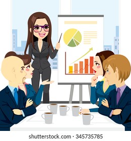 Businesswoman on a meeting with group explaining information graphics on flip chart 