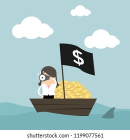 Businesswoman on money boat watching through telescope.