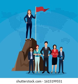 businesswoman on mountain with flag and people team success start up business vector illustration