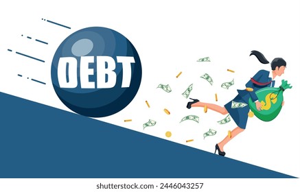 Businesswoman on mountain running away from big debt weight. Business woman with money bag and wrecking ball. Tax, debt, fee, crisis and bankruptcy. Vector illustration in flat style