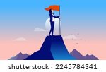 Businesswoman on mountaintop with flag -  Woman standing on top of mountain holding red flag and being proud of achievement and success. Flat design vector illustration with blue background