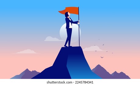 Mujer de negocios en la cima de una montaña con bandera - Mujer parada encima de la montaña sosteniendo la bandera roja y orgullosa de los logros y el éxito. Ilustración vectorial de diseño plano con fondo azul