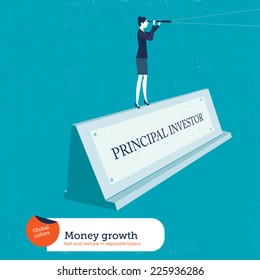 Businesswoman On A Name Plate Principal Investor. Vector Illustration Eps10 File. Global Colors. Text And Texture In Separate Layers.