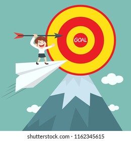 Businesswoman on paper plane to achieve business goal, illustration vector cartoon