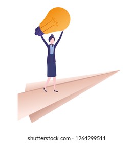 businesswoman on paper plane and light bulb