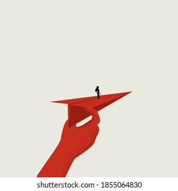 Businesswoman on a paper plane vector concept. Symbol of leadership, ambition and motivation. Eps10 illustration.