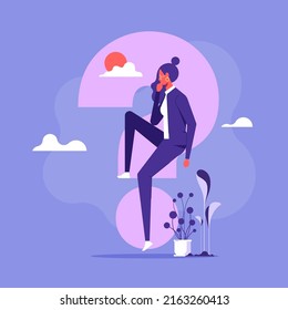 Businesswoman on question mark silhouette making decision, thinking, considering opportunities, the concept of a difficult decision
