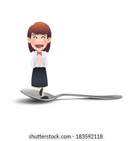 Businesswoman on realistic spoon over white background. Vector design. 