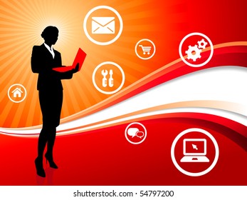 Businesswoman on Red Wave Background with Internet Icons Original Illustration